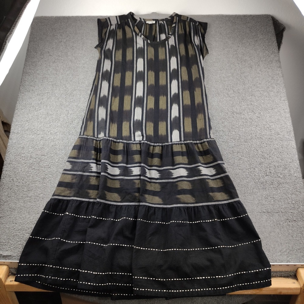 Pure Jill Cotton Dress Sz Medium Ikat Striped Tiered Sleeveless Black Olive EUC
